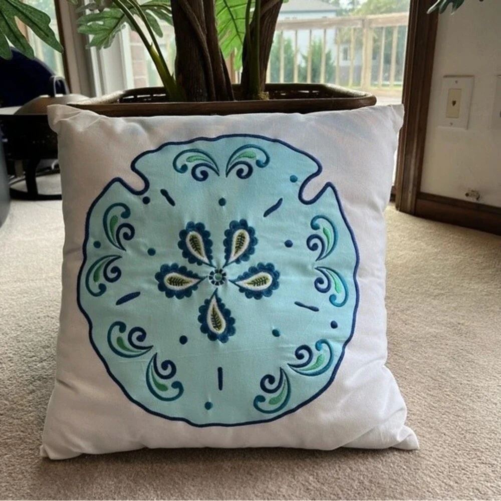 Embroidered Whimsical Throw Pillows Blue Crab and Sand Dollar 18”